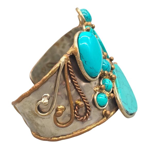Turquoise Modernist Brutalist Mixed Metal Cuff Bracelet Bronze Copper Silver - Picture 5 of 11